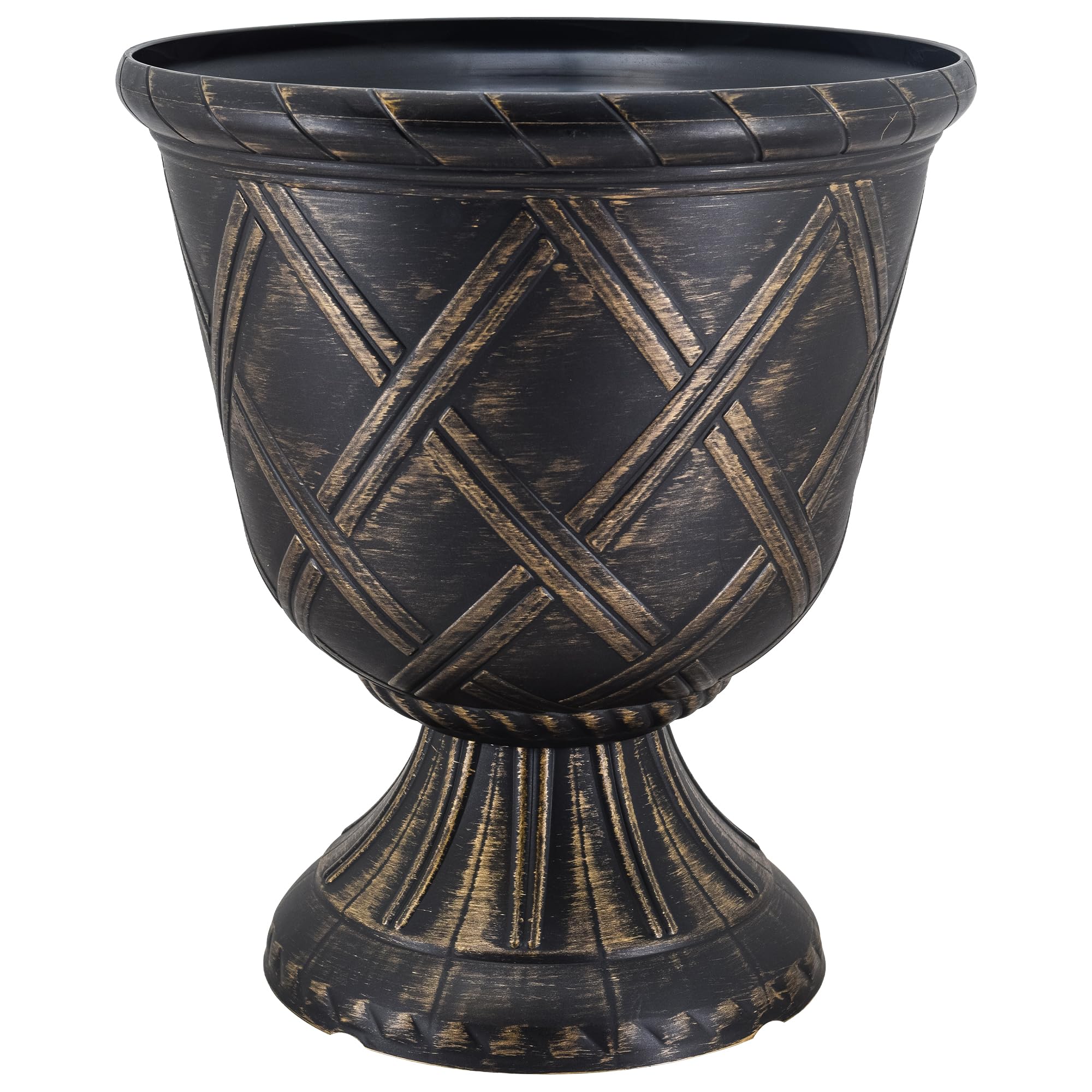 Arcadia Garden Products gold urn front view showing lattice design and elegant finish