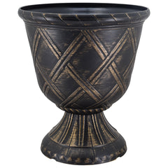 Arcadia Garden Products gold urn front view showing lattice design and elegant finish