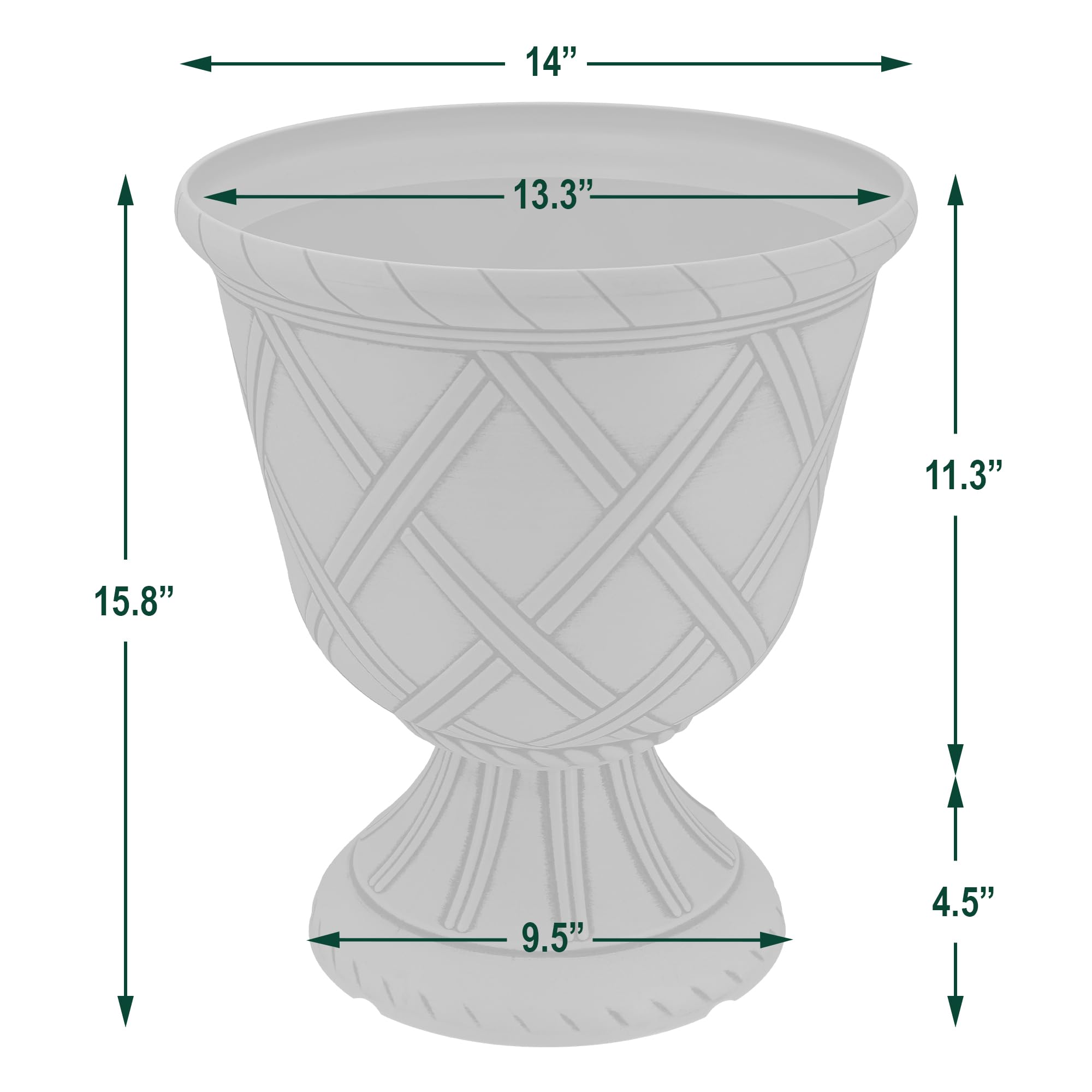 Arcadia Garden Products urn next to ruler showing size and planting capacity