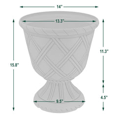 Arcadia Garden Products urn next to ruler showing size and planting capacity