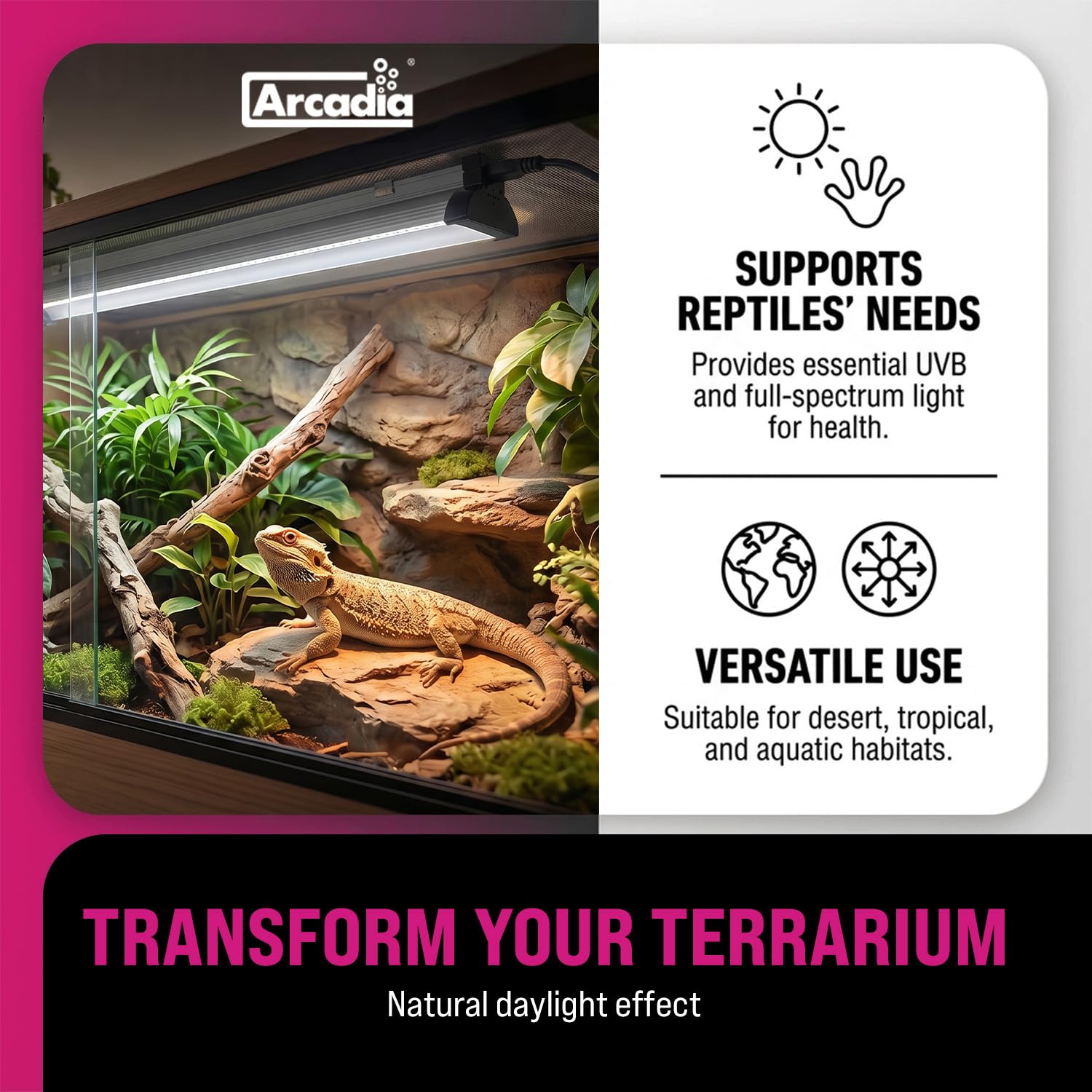 Arcadia Jungle Dawn mounted above terrarium improving enclosure visibility