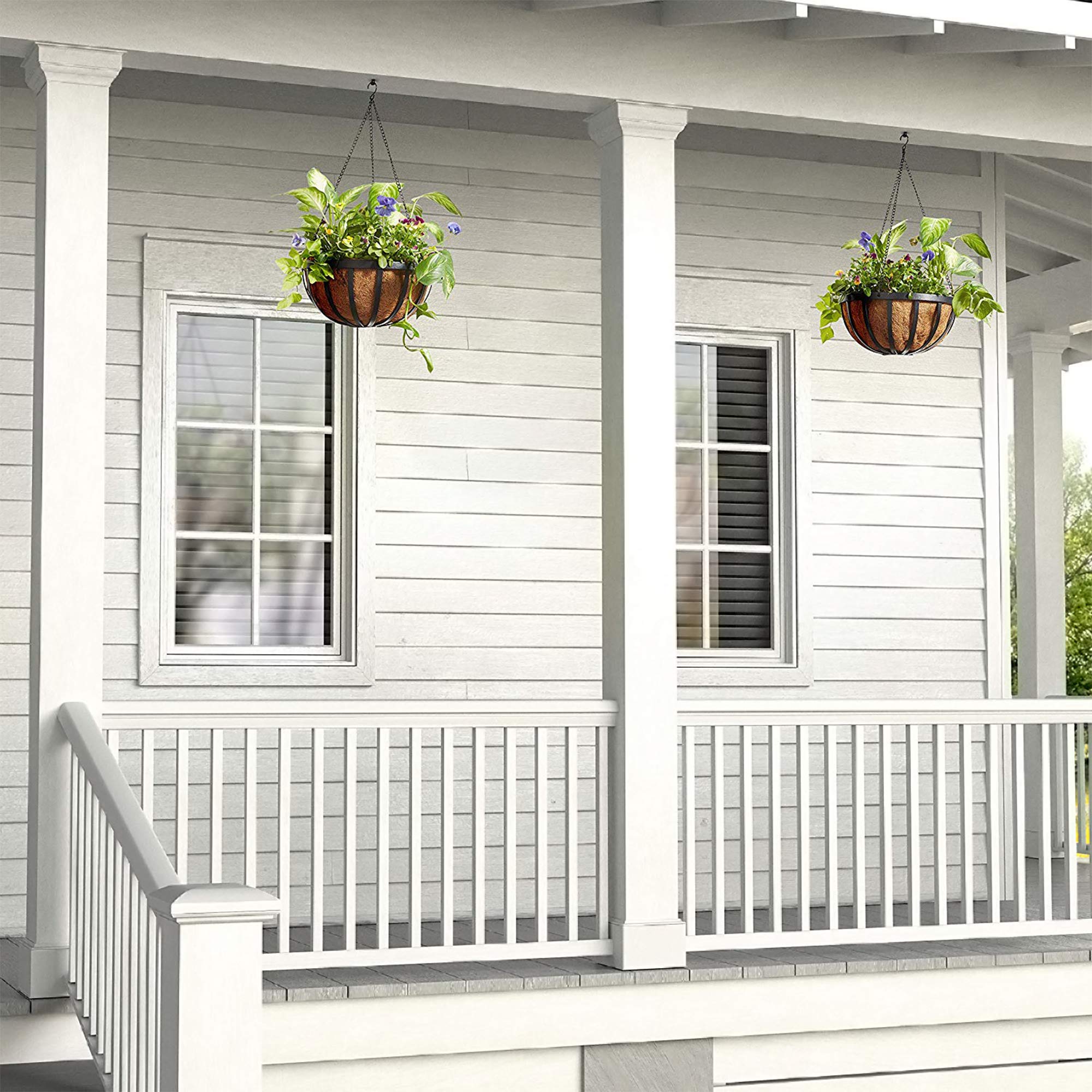 Arcadia Garden Products hanging basket in balcony setting showing visual appeal and space saving