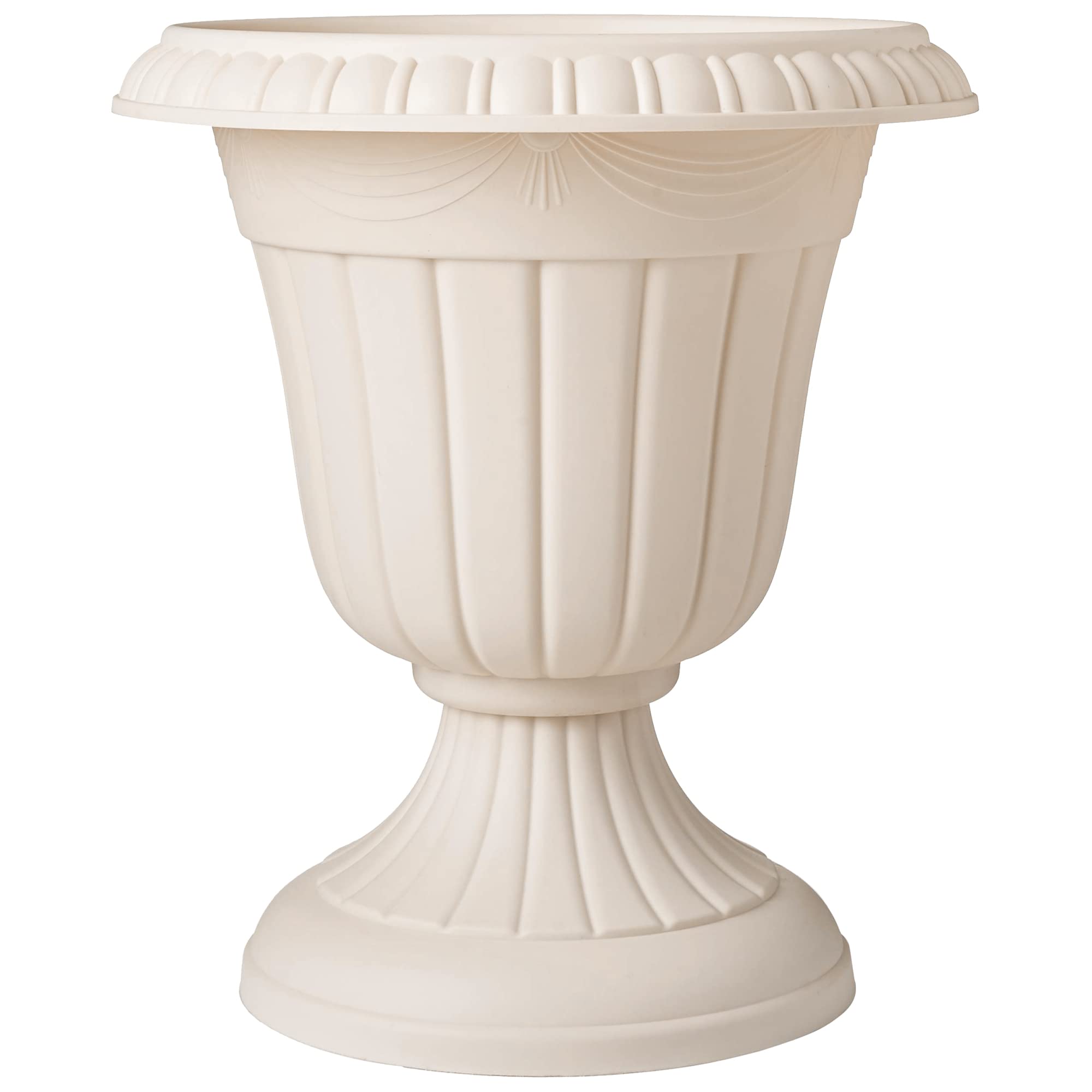 Arcadia Garden Products front view beige urn planter showing classic pedestal and curb appeal