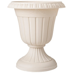 Arcadia Garden Products front view beige urn planter showing classic pedestal and curb appeal