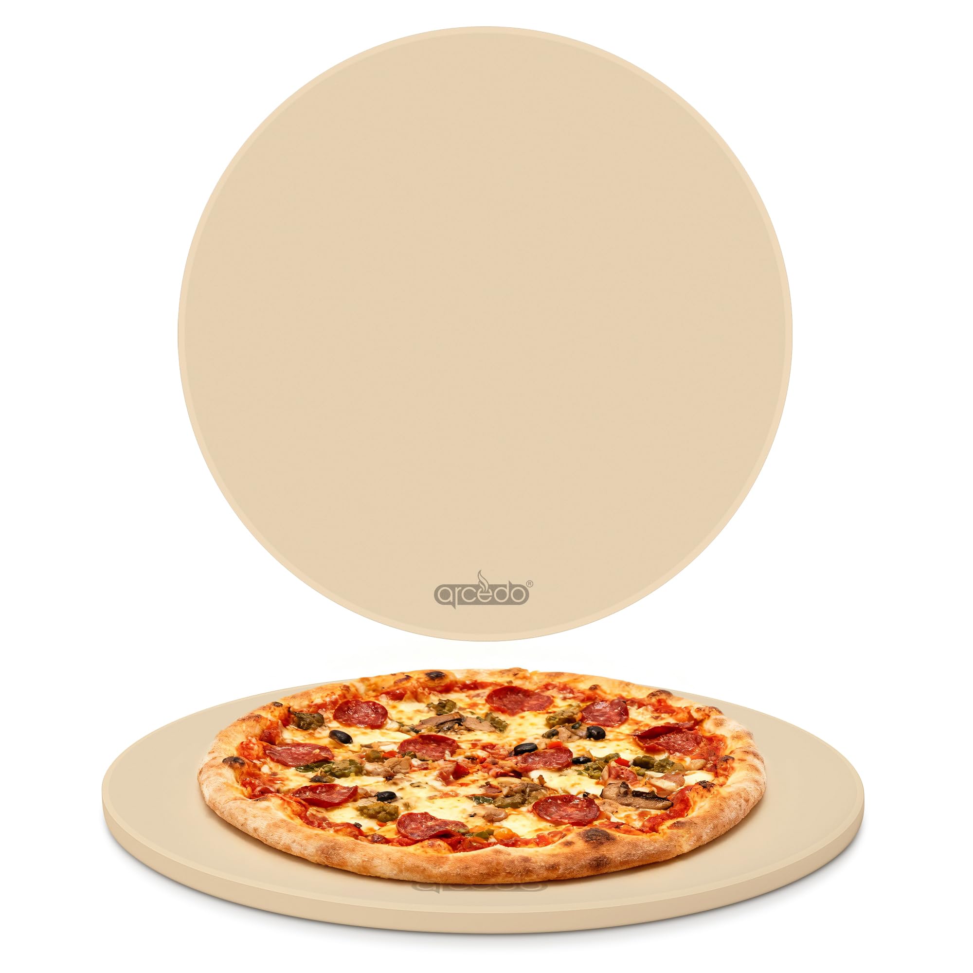 Arcedo 16-inch pizza stone front view showing clean round baking surface and size benefit