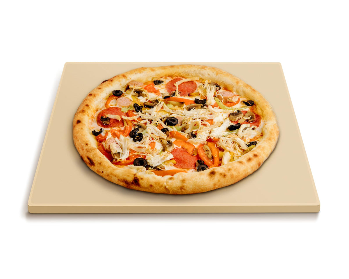 Arcedo front view of 12-inch pizza stone showing durable square baking surface and benefit of even heating