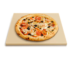 Arcedo front view of 12-inch pizza stone showing durable square baking surface and benefit of even heating