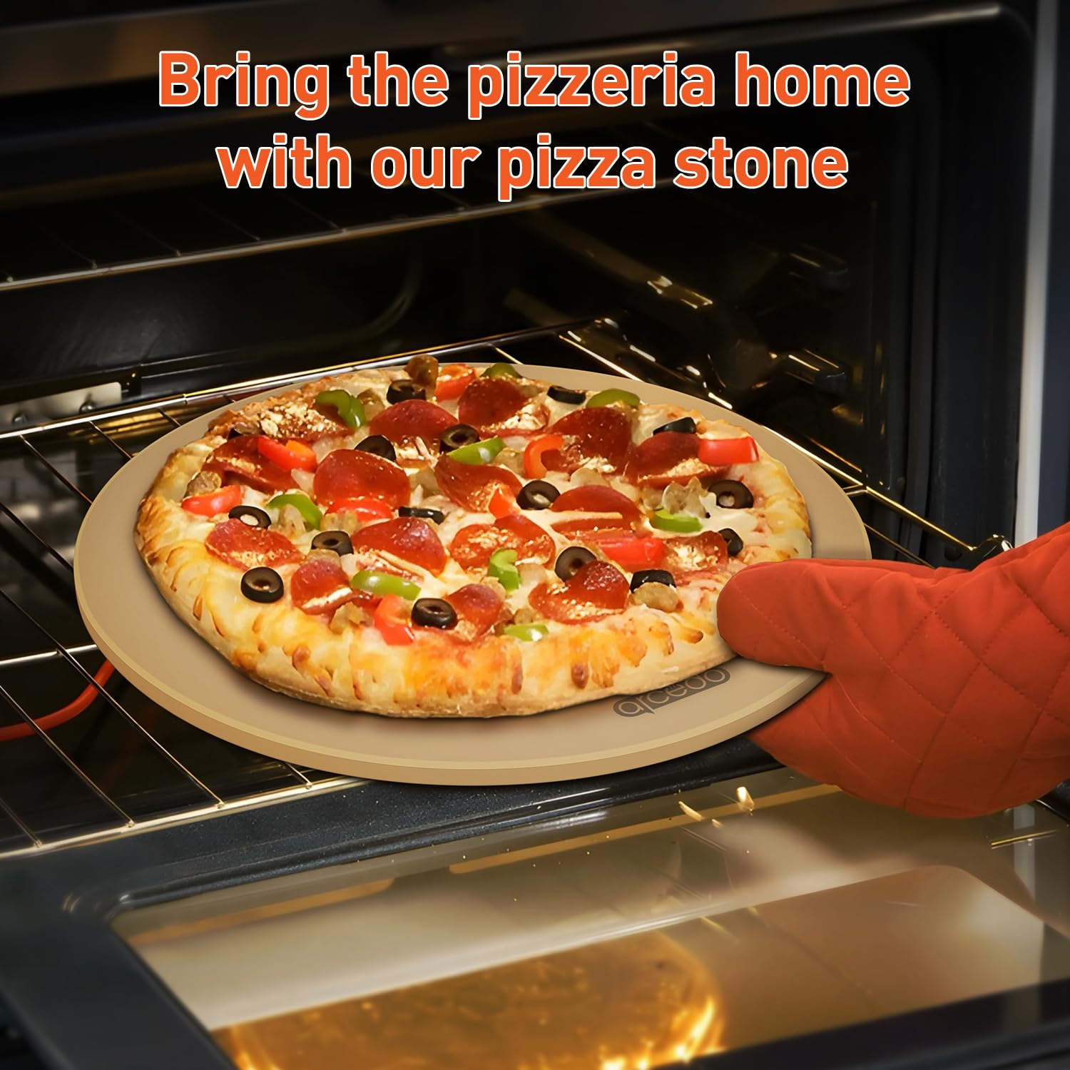 Arcedo stone with pizza for scale showing 16-inch capacity and family-size benefit