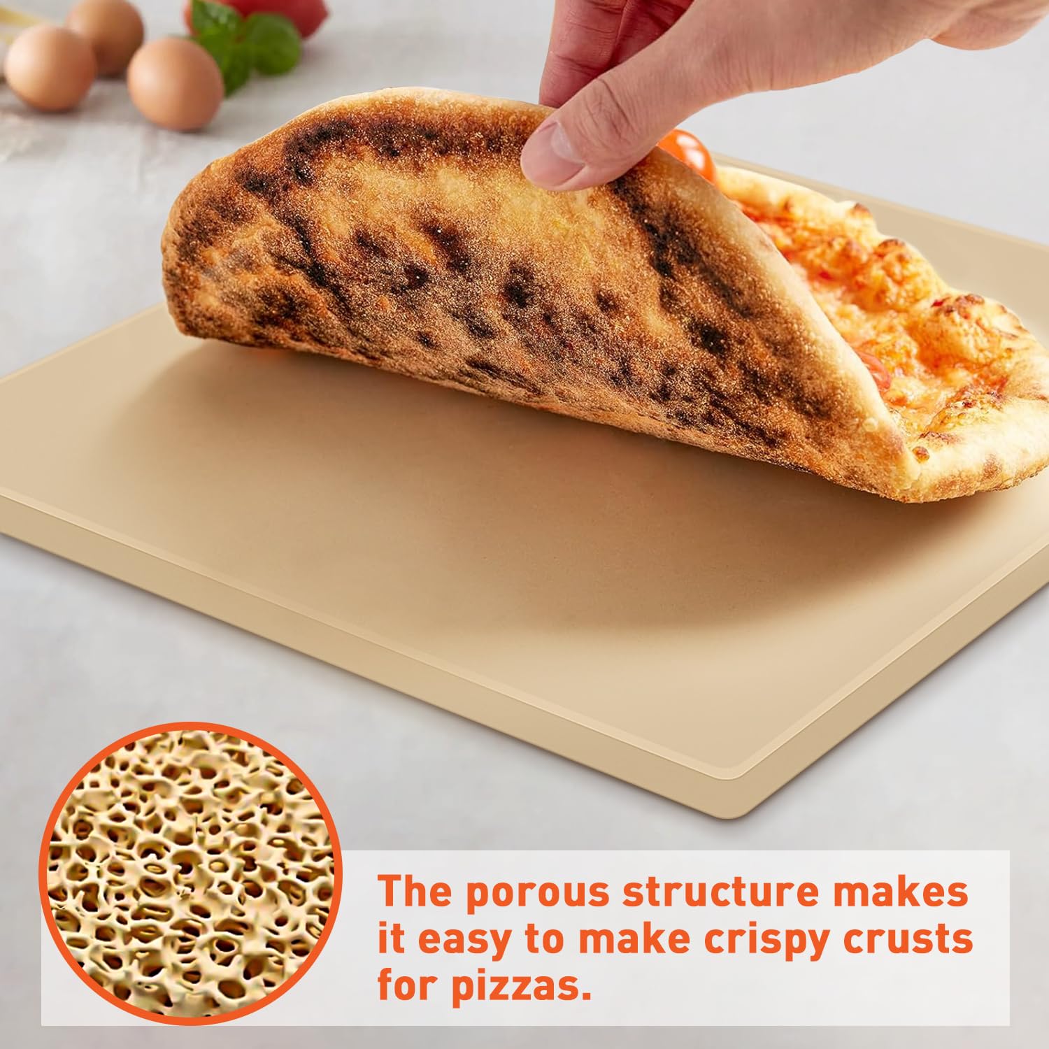 Arcedo stone inside a home oven with pizza, demonstrating even heat distribution and consistent bake
