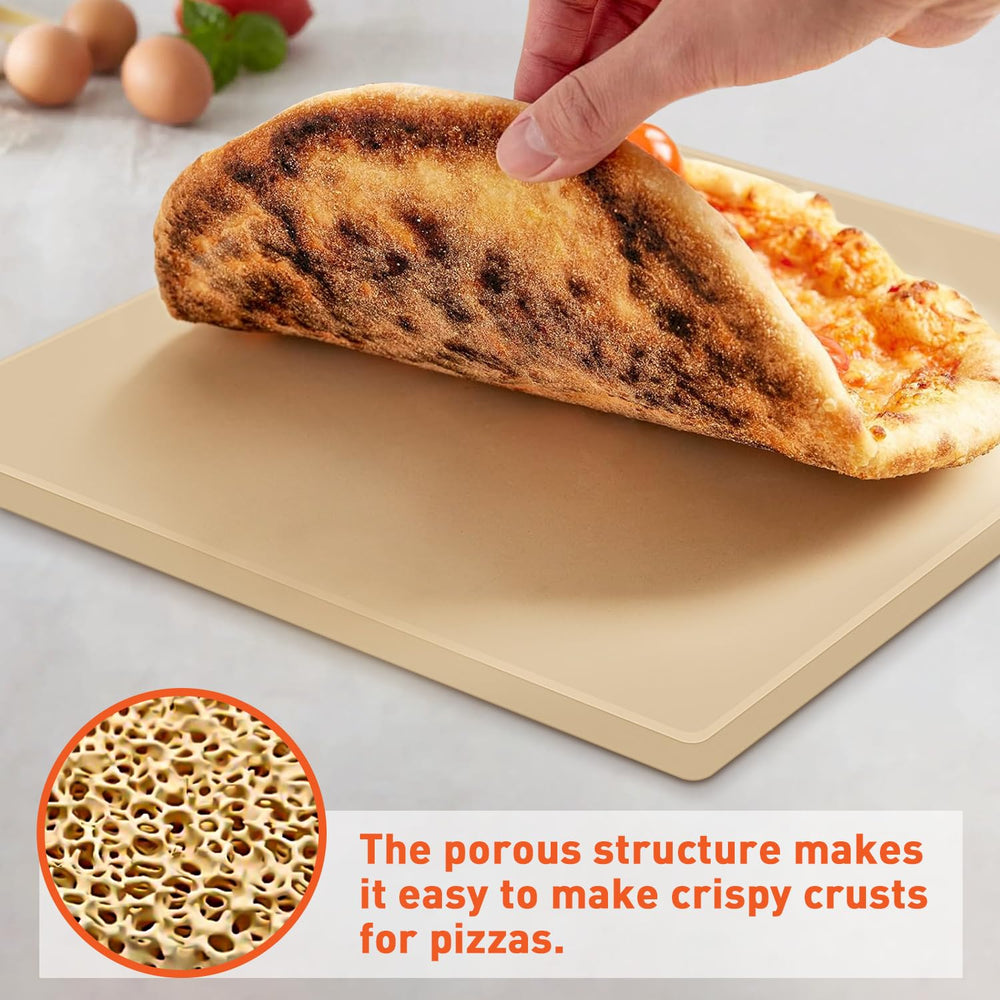 Arcedo stone inside a home oven with pizza, demonstrating even heat distribution and consistent bake