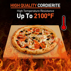 Arcedo pizza stone on charcoal grill with pizza baking, showing outdoor grilling versatility and high heat tolerance