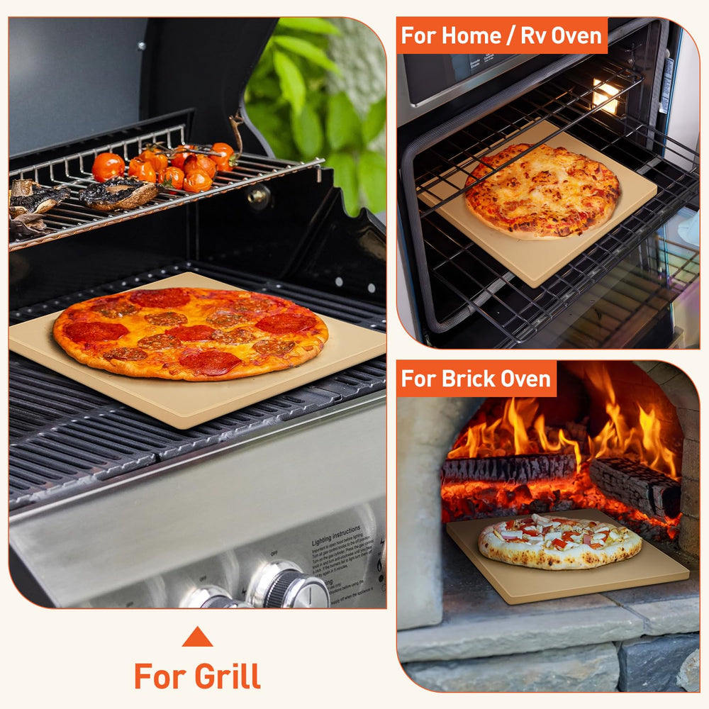 Arcedo stone pictured beside a standard baking pan to show compact 12-inch size for home kitchens