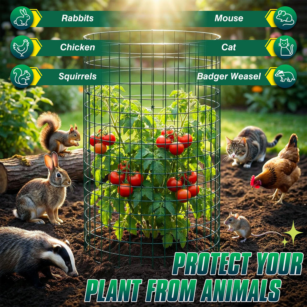 ArdeFentium garden bed scene showing multiple cages protecting flowers and vegetables