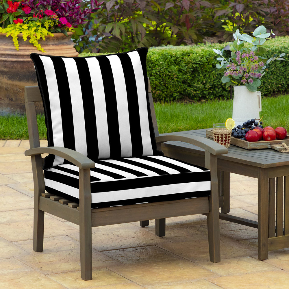 Close-up of Arden Selections Black Cabana Stripe polyester fabric showing UV-treated weave and colorfast texture