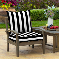 Close-up of Arden Selections Black Cabana Stripe polyester fabric showing UV-treated weave and colorfast texture