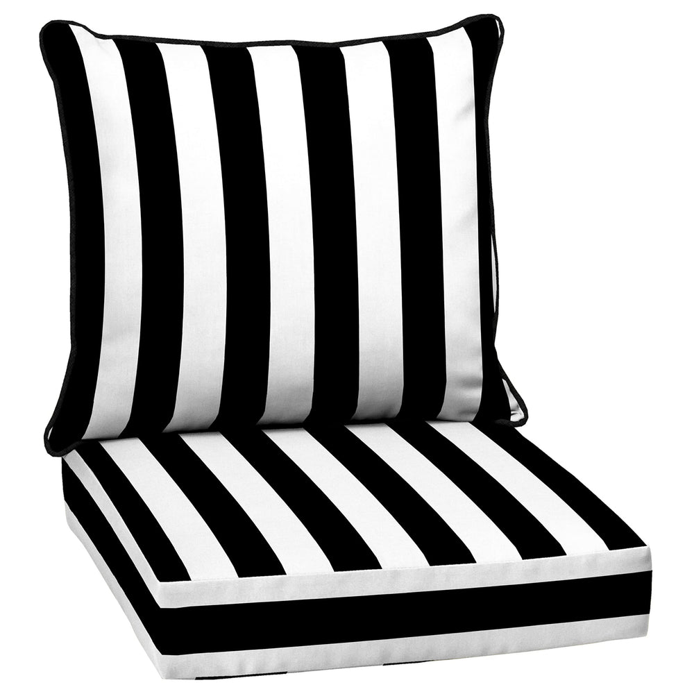 Arden Selections front view of Black Cabana Stripe deep seat cushions showing bold pattern and neat edges for refreshed patio seating