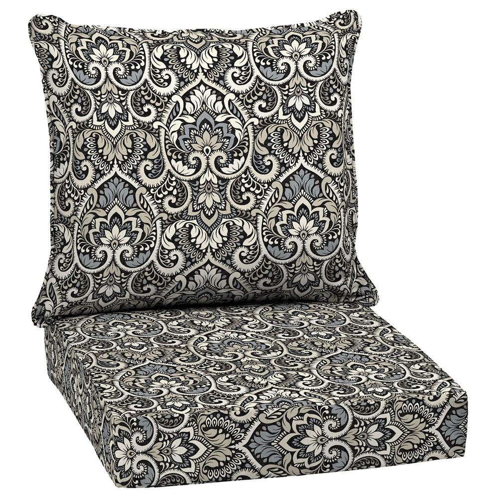 Arden Selections front view showing Black Damask cushions and vibrant outdoor color