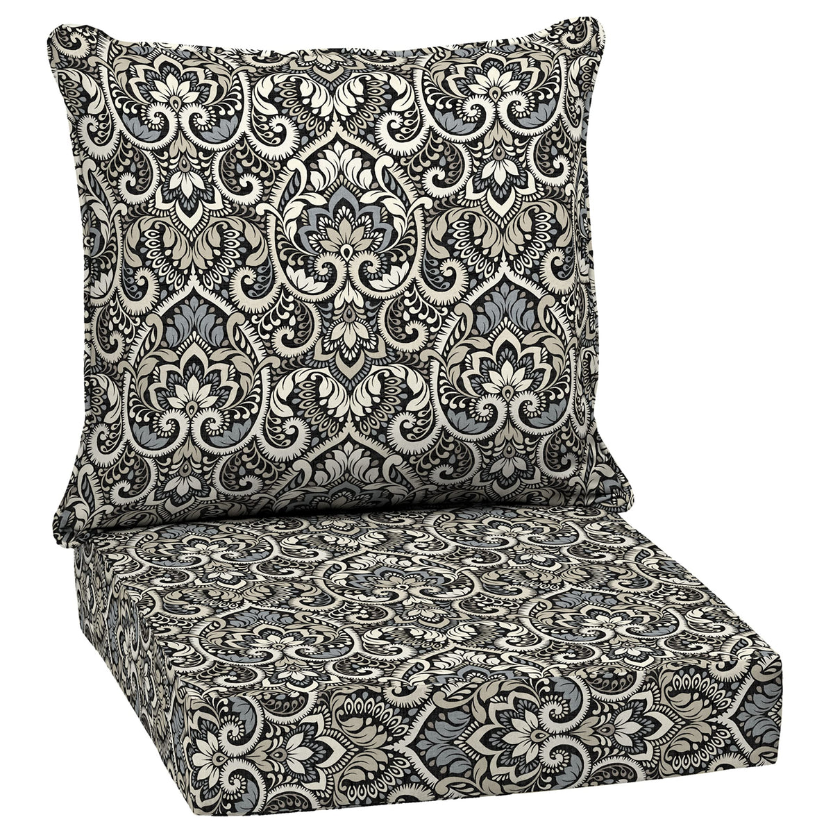 Arden Selections front view showing Black Damask cushions and vibrant outdoor color