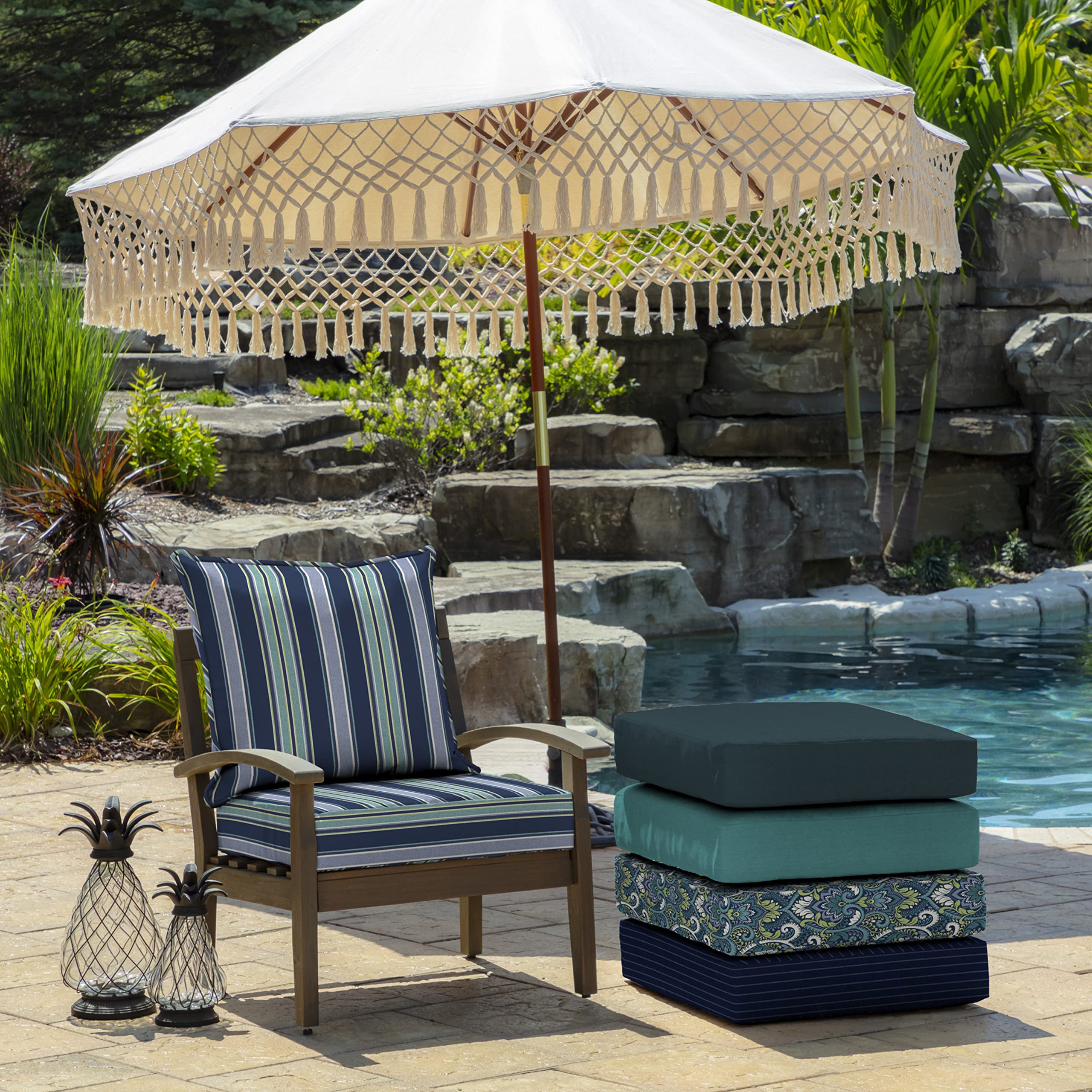 Arden Selections cushions in use on patio sofa illustrating comfortable outdoor seating