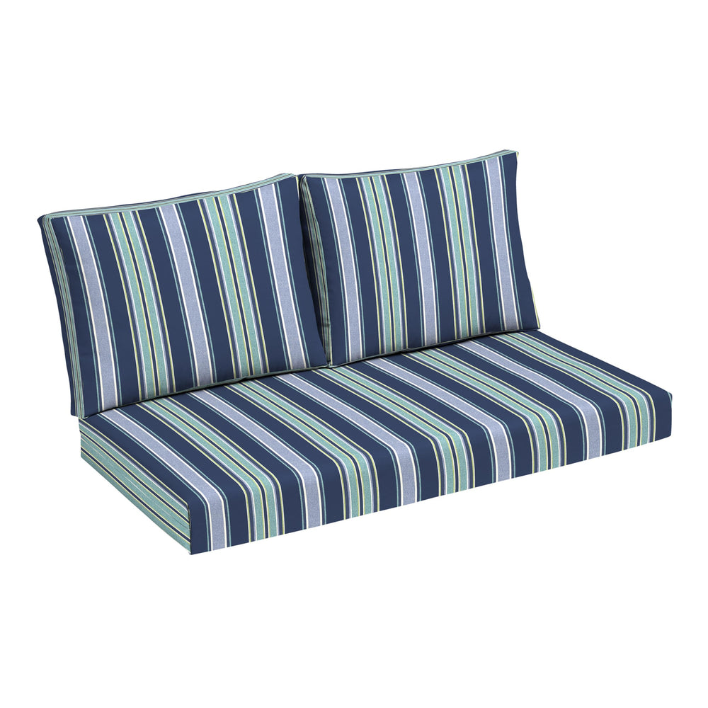 Arden Selections front view blue stripe loveseat cushion set shows full design and fit
