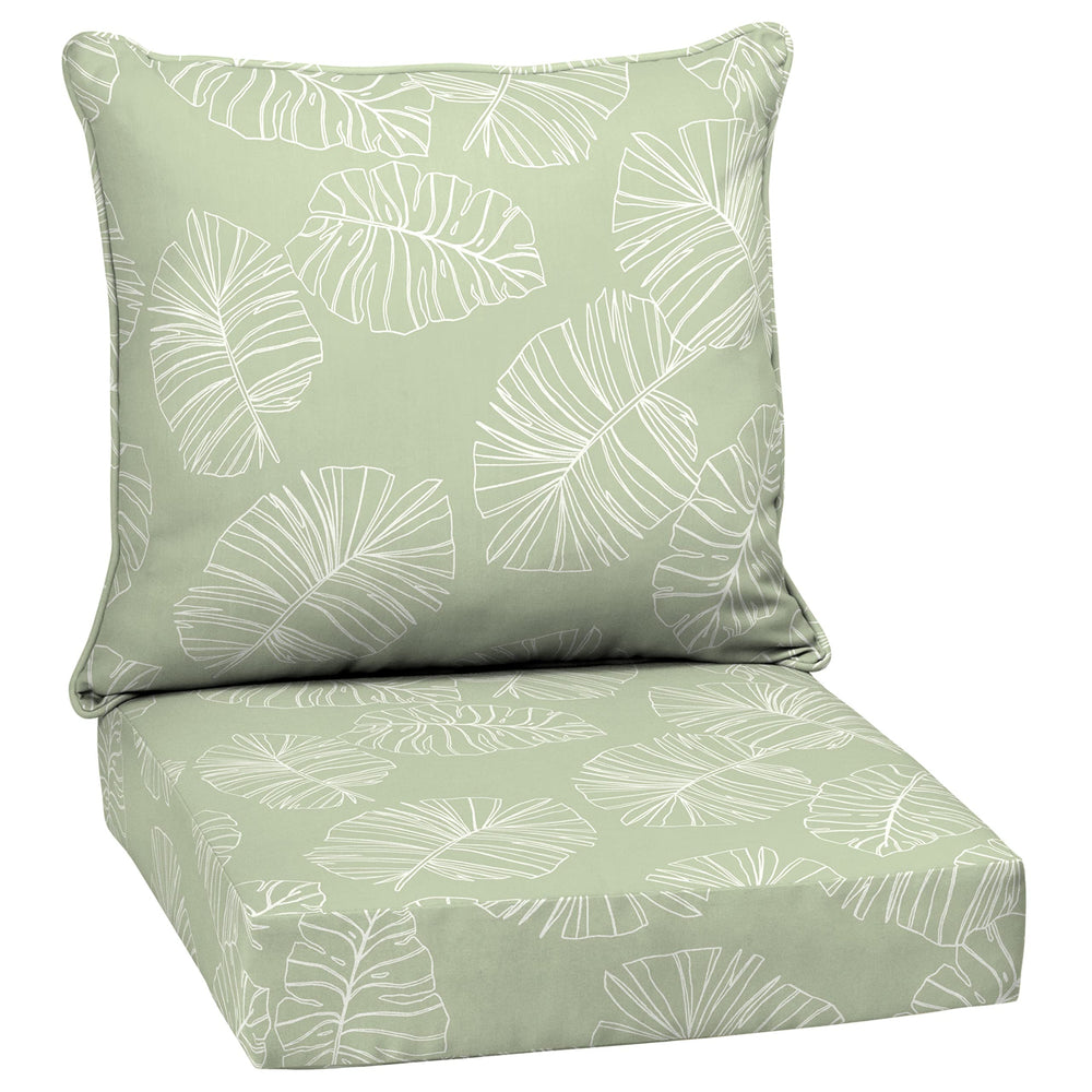 Arden Selections front view of cushion set showing coastal green leaf print and fit benefit