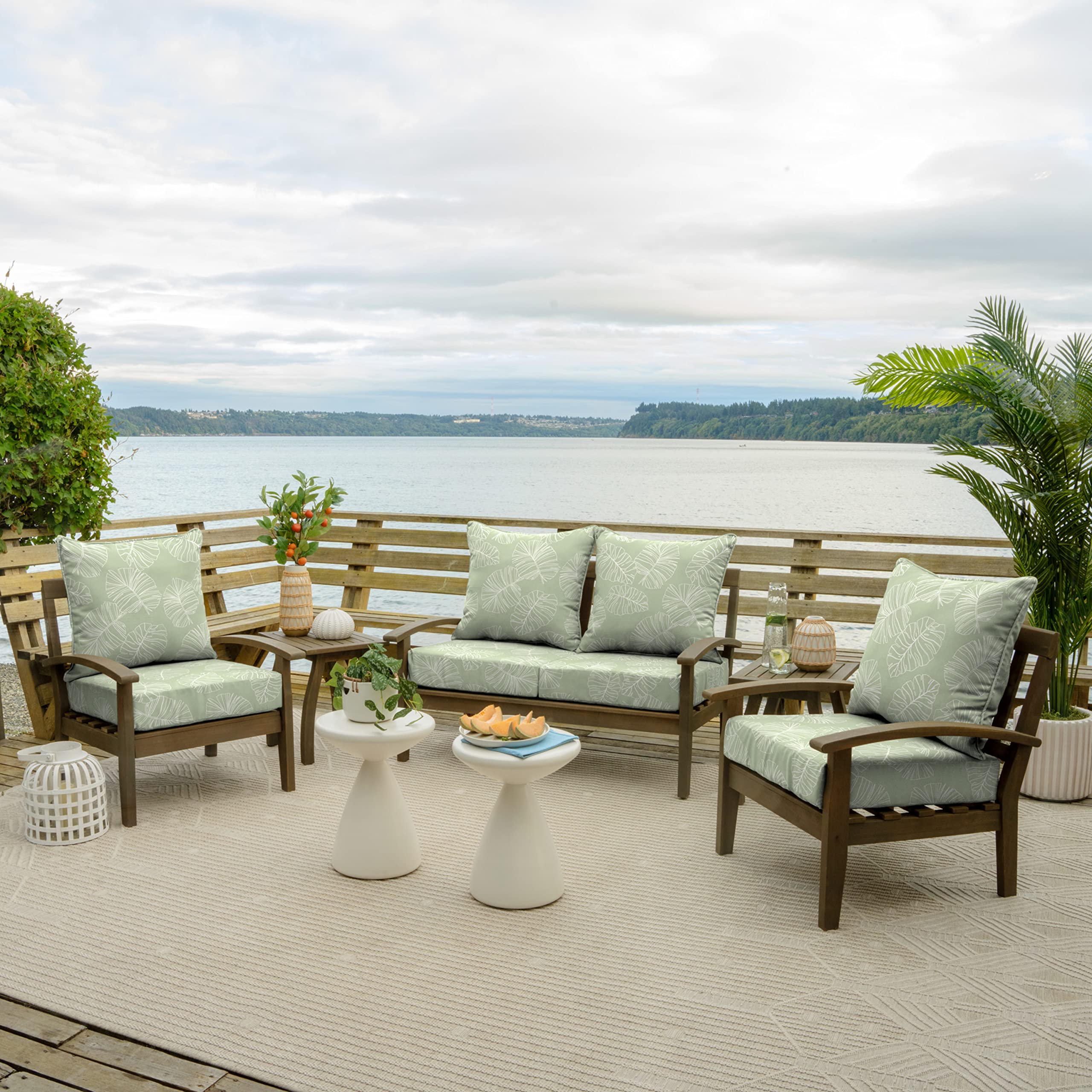 Arden Selections fabric swatch showing coastal leaf pattern and fade-resistant color