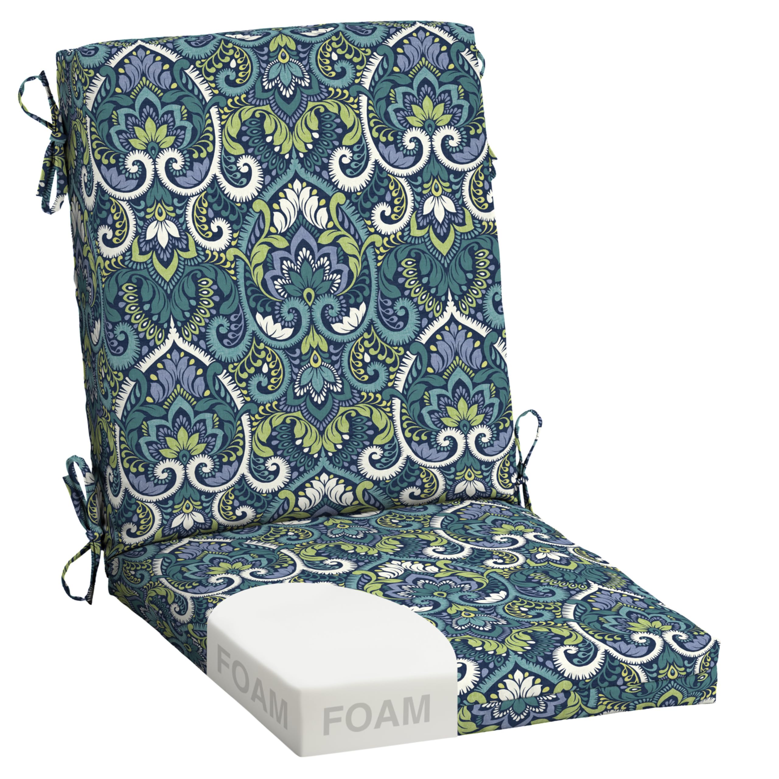 Arden cojín frontal azul damask mostrando diseño y soporte