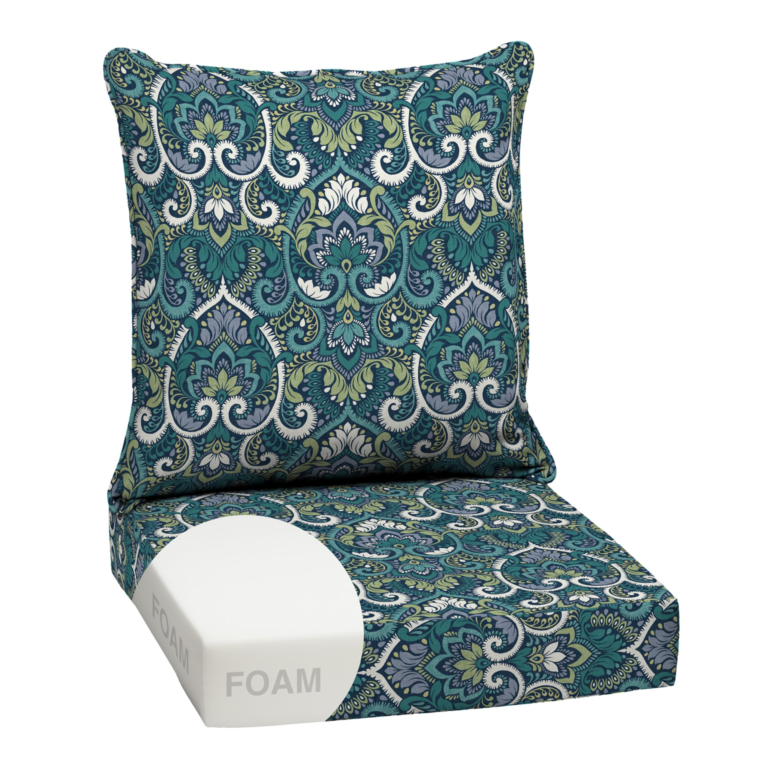 Arden Selections front view of blue damask deep seat cushions showing fresh styling and comfort