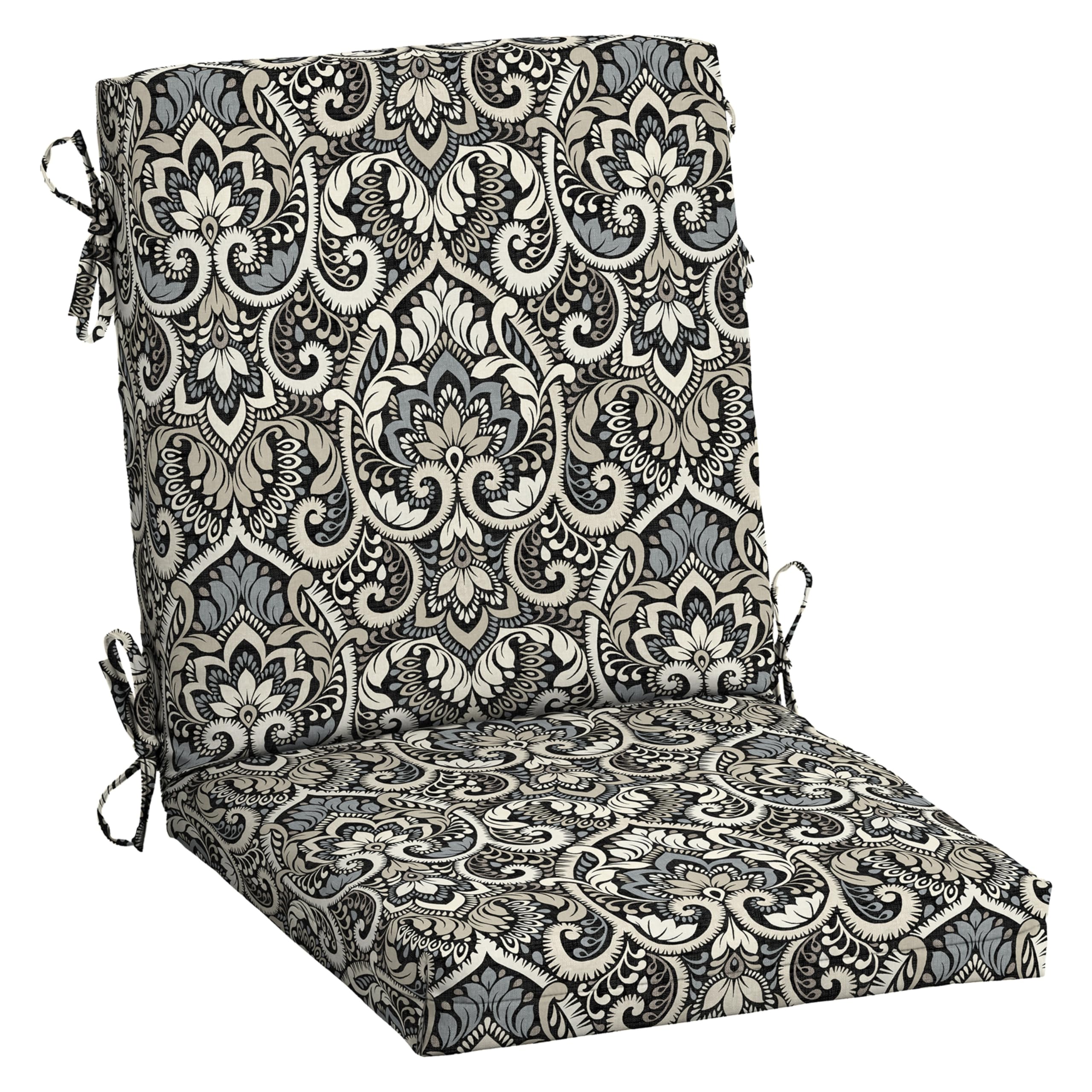 Arden Selections cushion front view showing full black damask and coverage benefit
