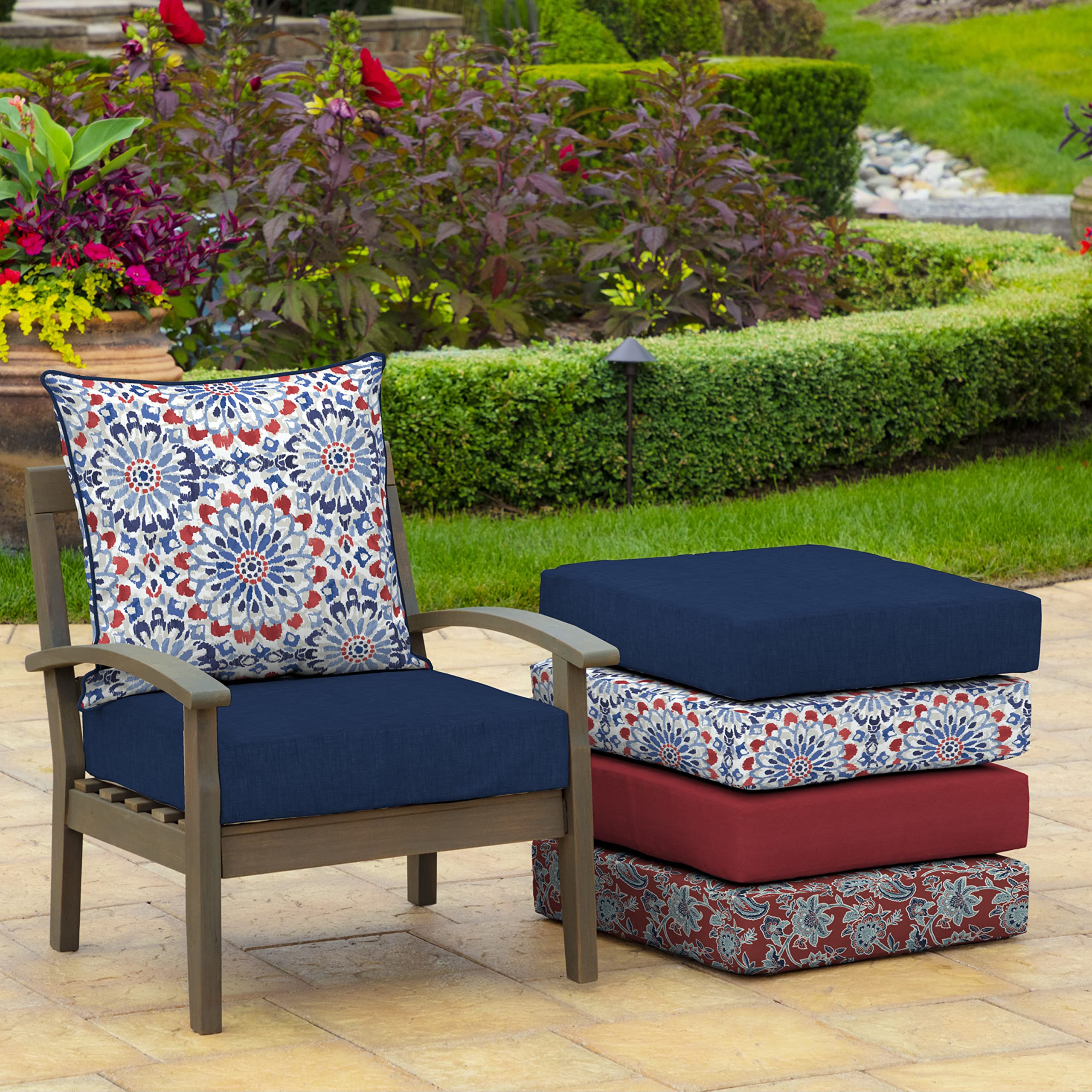 Arden Selections cushion pair on a patio chair showing ready-to-use comfort