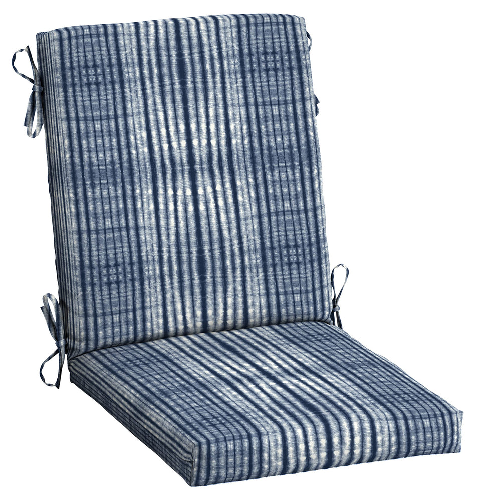 Arden Selections front view of blue shibori stripe cushion showing fit and pattern benefit: cohesive outdoor look