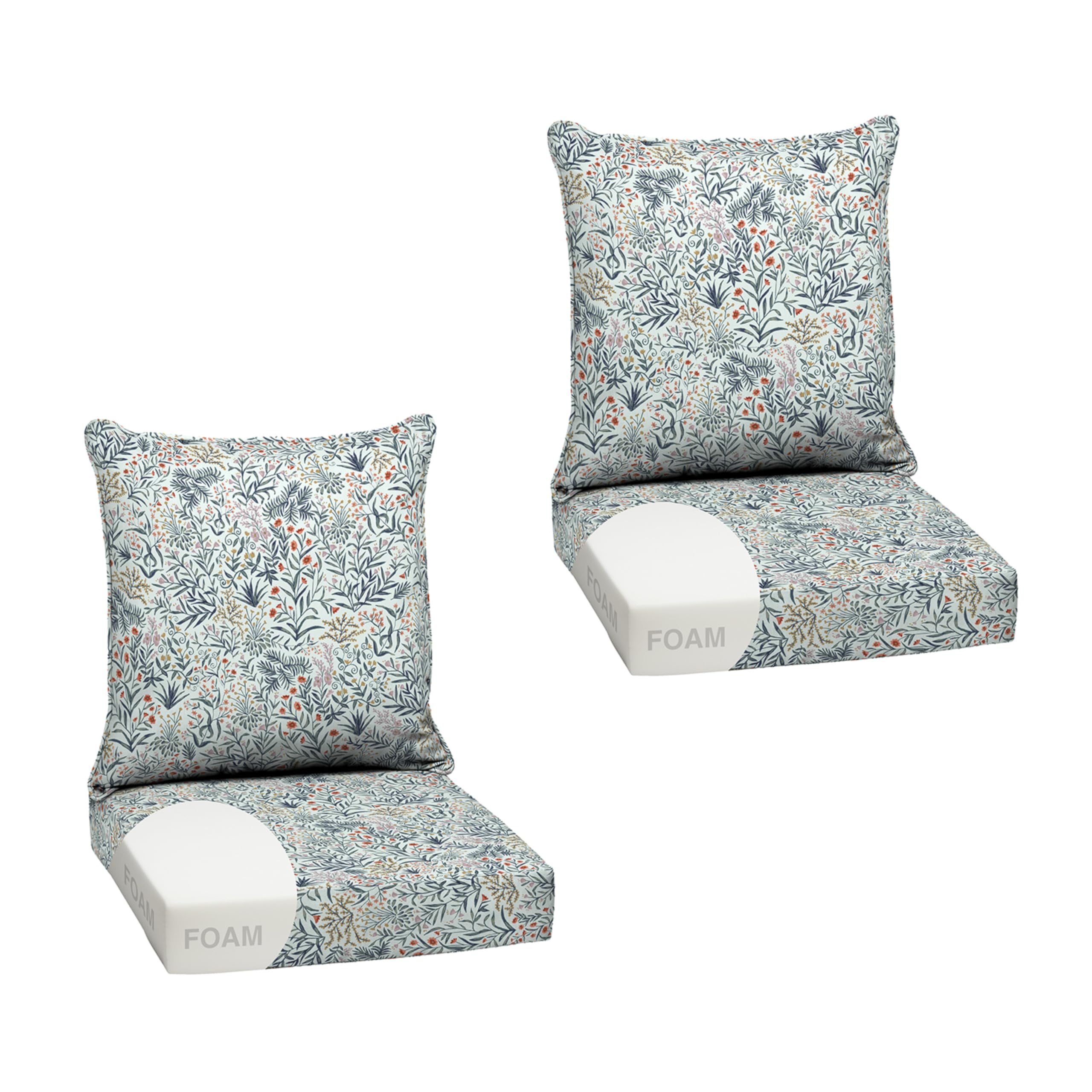 Arden Selections front view of Pistachio Botanical cushions showing pattern and fit benefit