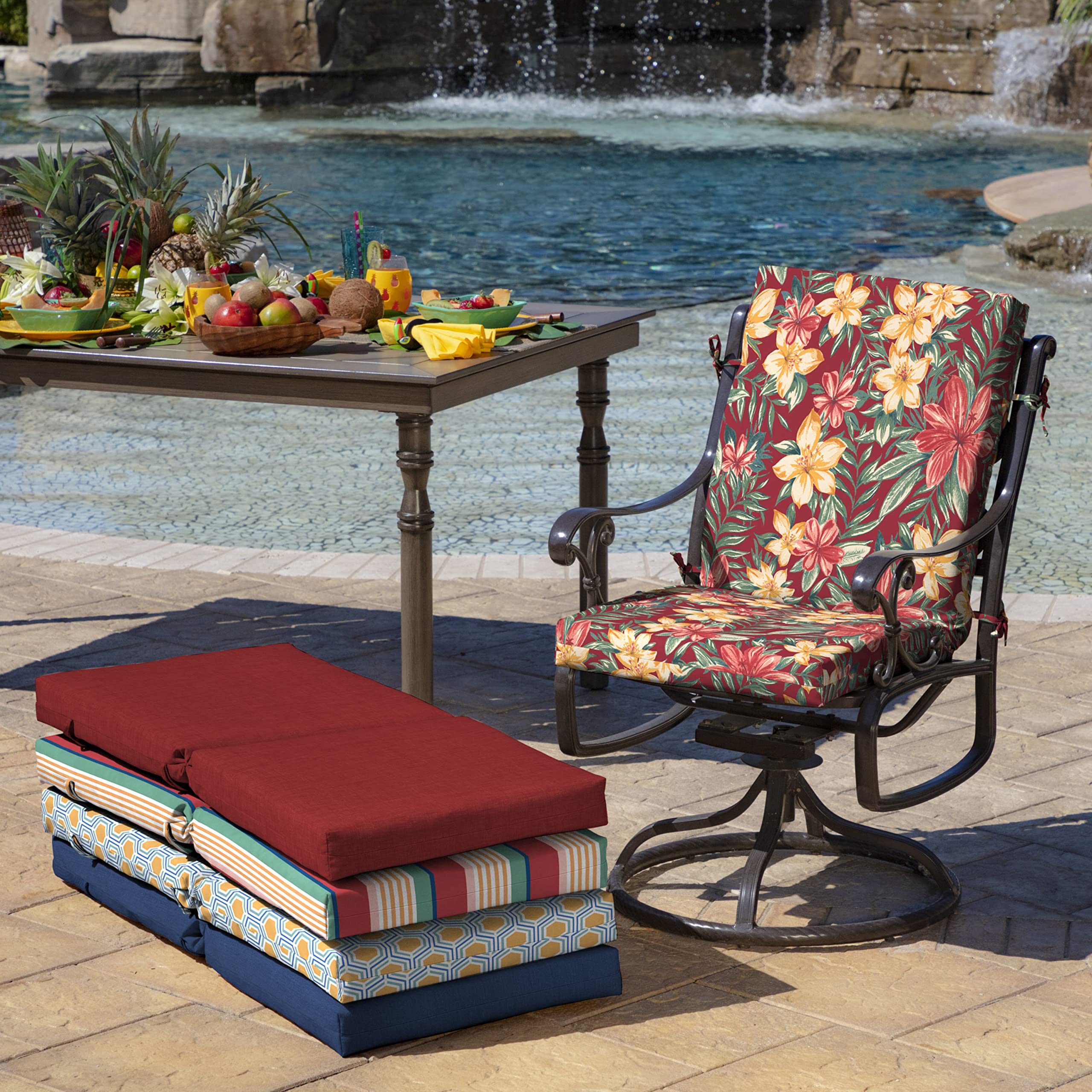 Arden Selections cushions installed on patio dining chairs showing visual upgrade benefit