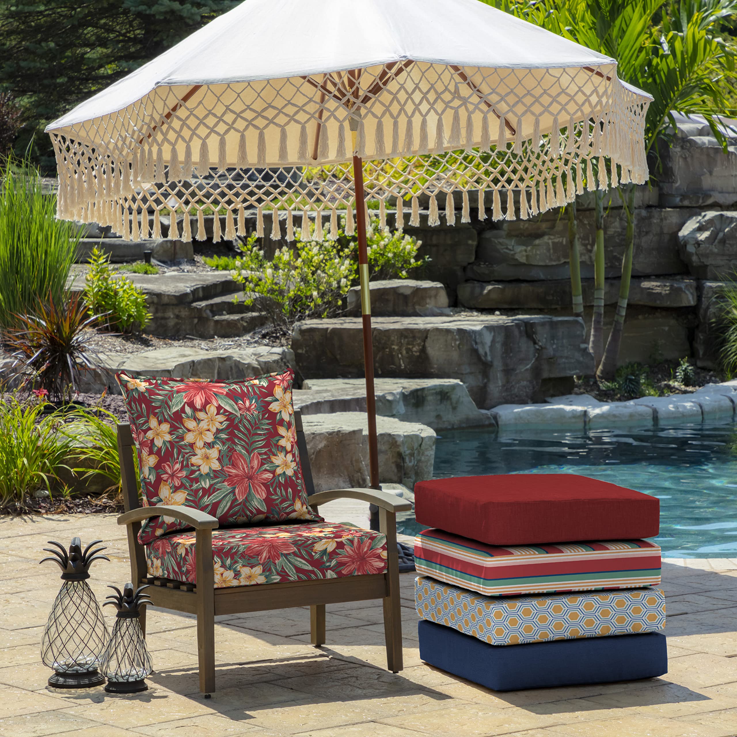 Arden Selections cushions styled on patio sofa, adds color and comfortable seating