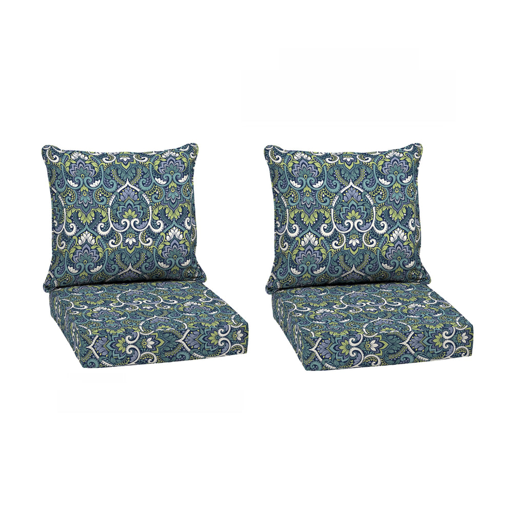 Arden Selections front view of sapphire damask cushions showing pattern and fit