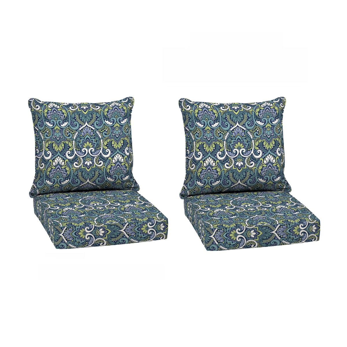 Arden Selections front view of sapphire damask cushions showing pattern and fit