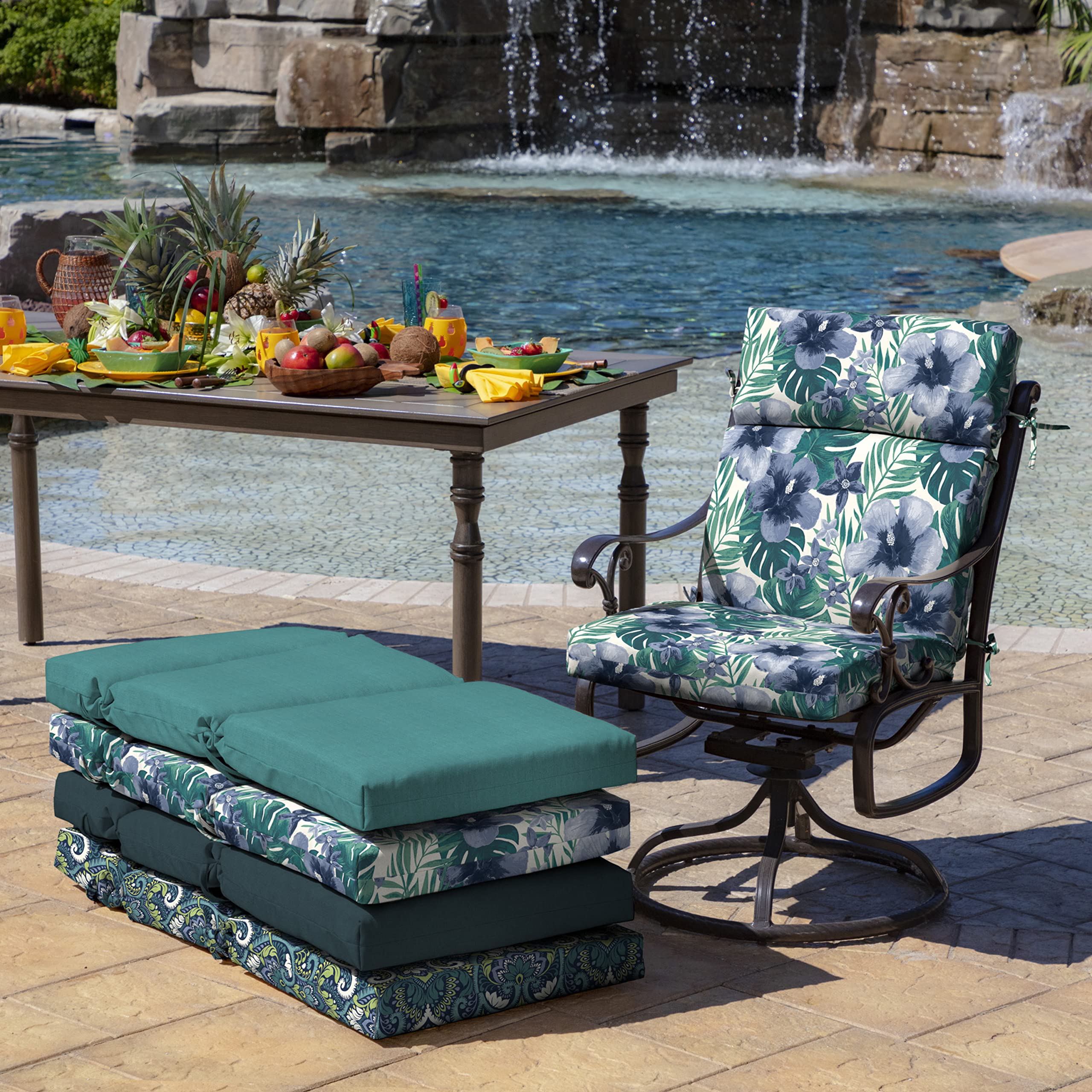 Arden Selections cushion installed on an outdoor dining chair for everyday use