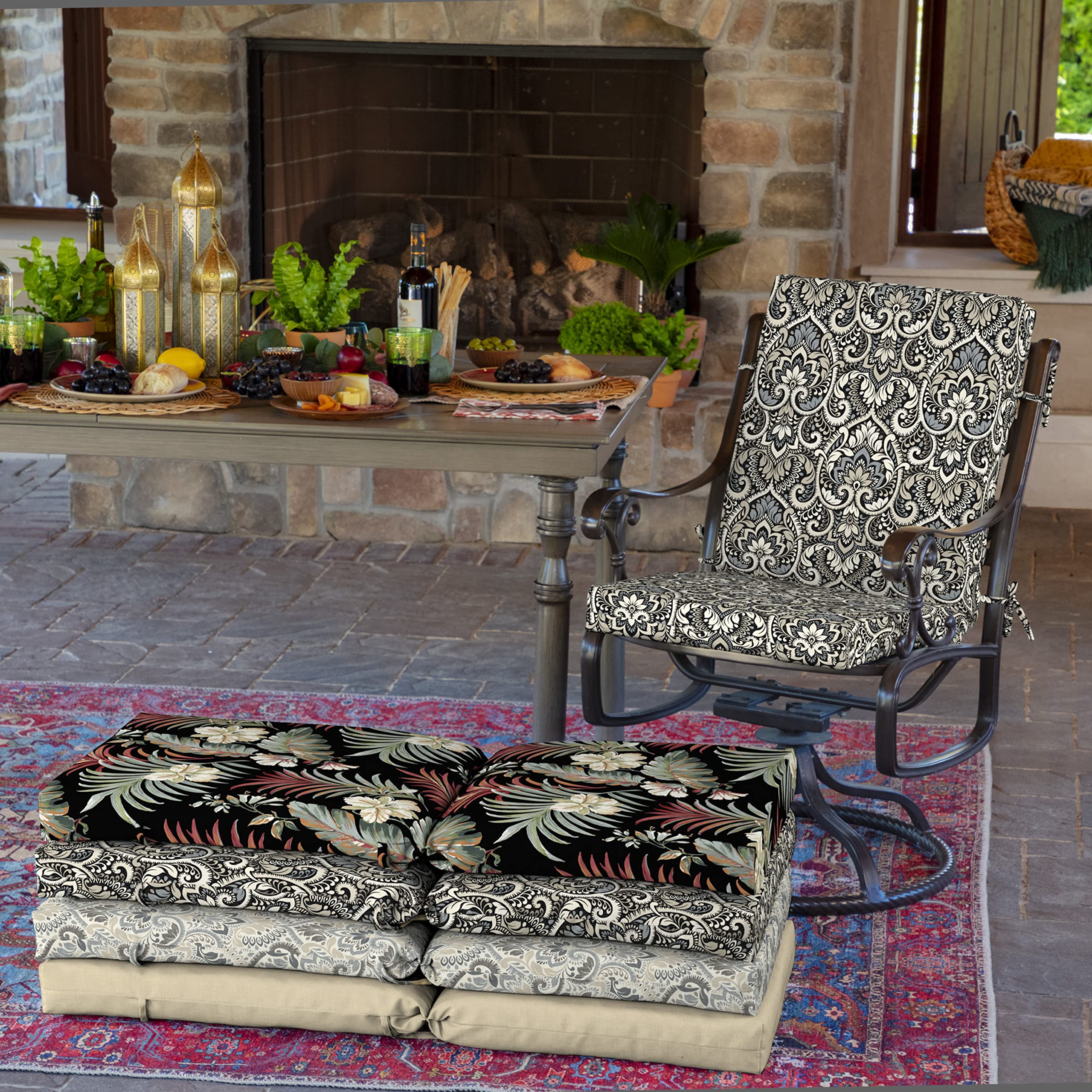 Arden Selections back cushion label and pattern showing UV-resistant fabric benefit