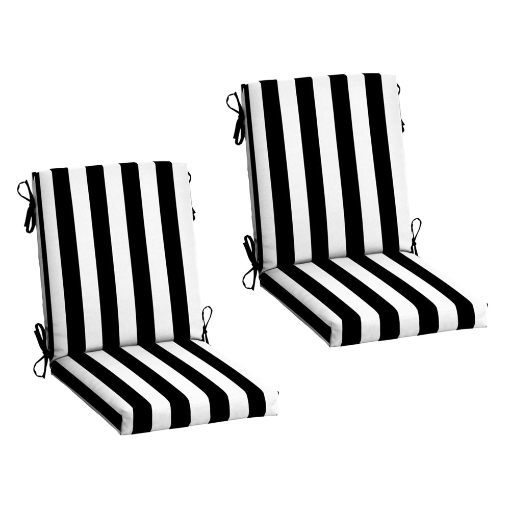 Arden Selections front view of black cabana stripe cushions showing full 20x44 set and pattern, adds refined patio style