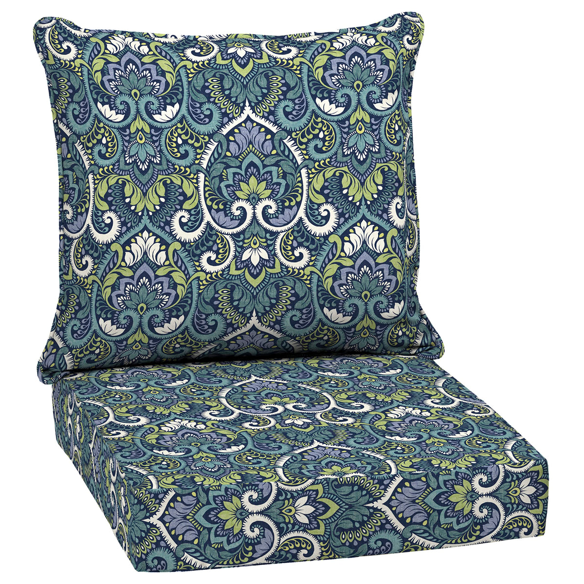 Arden Selections front view Blue Damask cushion set shows vibrant fabric and fit