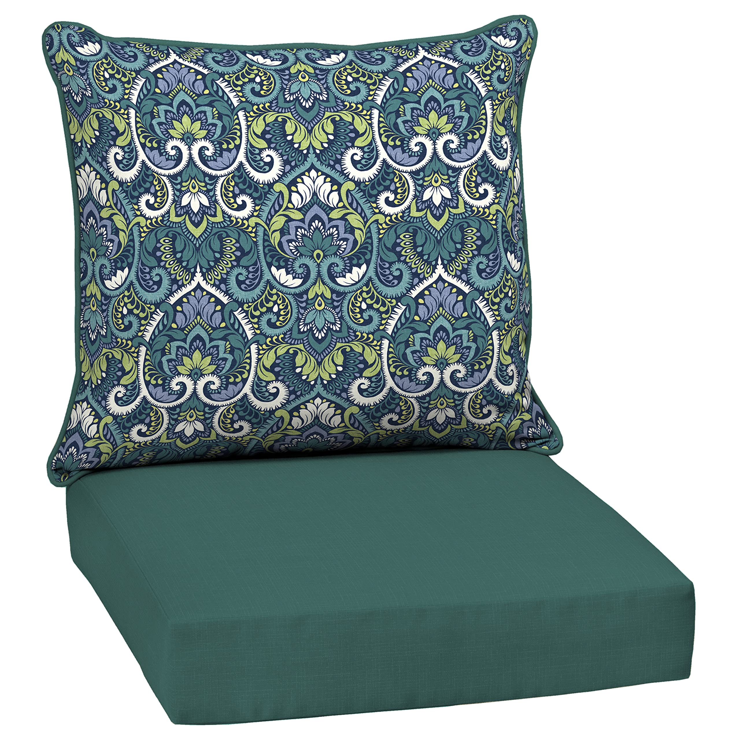 Arden Selections front view showing blue damask cushions for immediate outdoor comfort