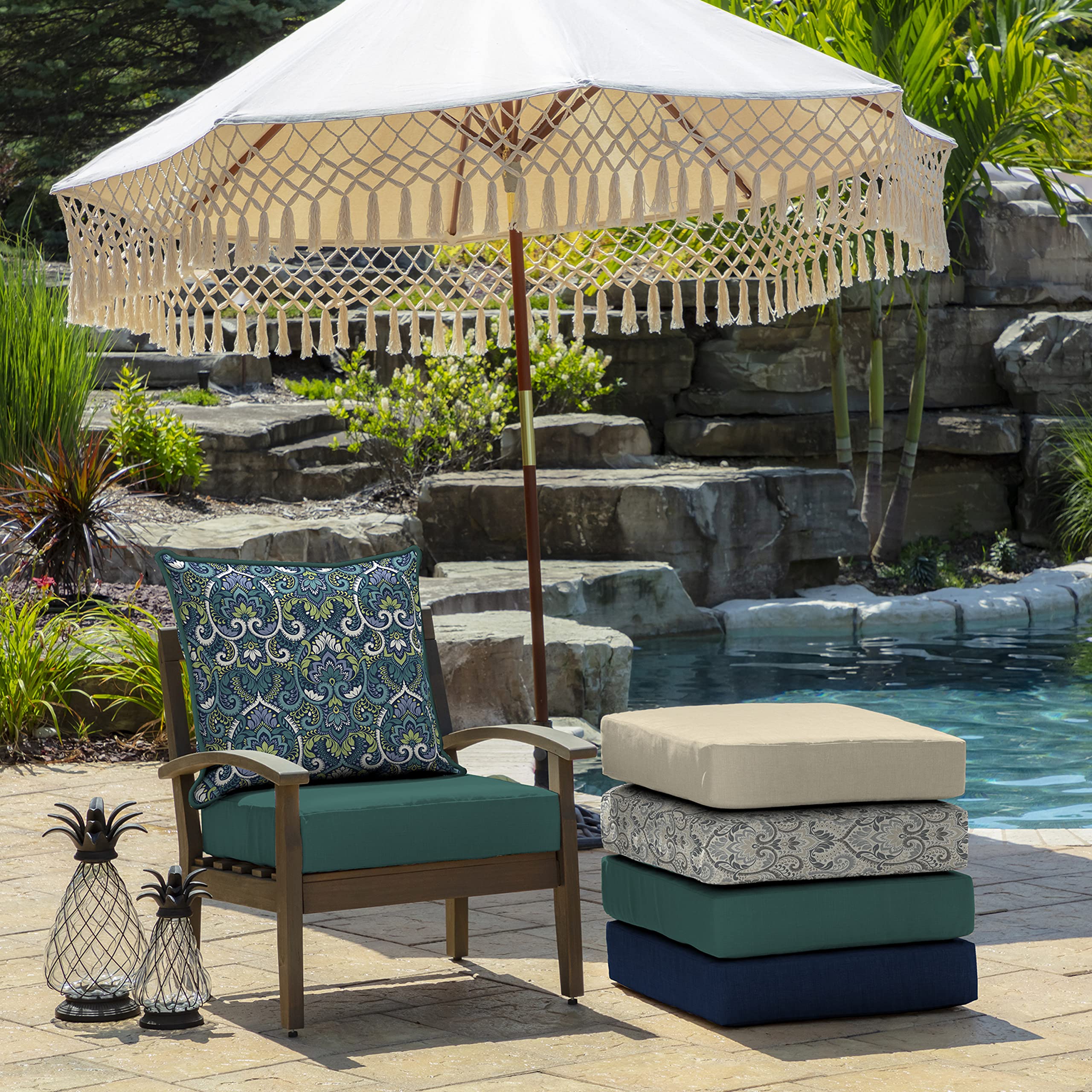 Arden Selections cushions styled on patio sofa creating a cozy outdoor seating area