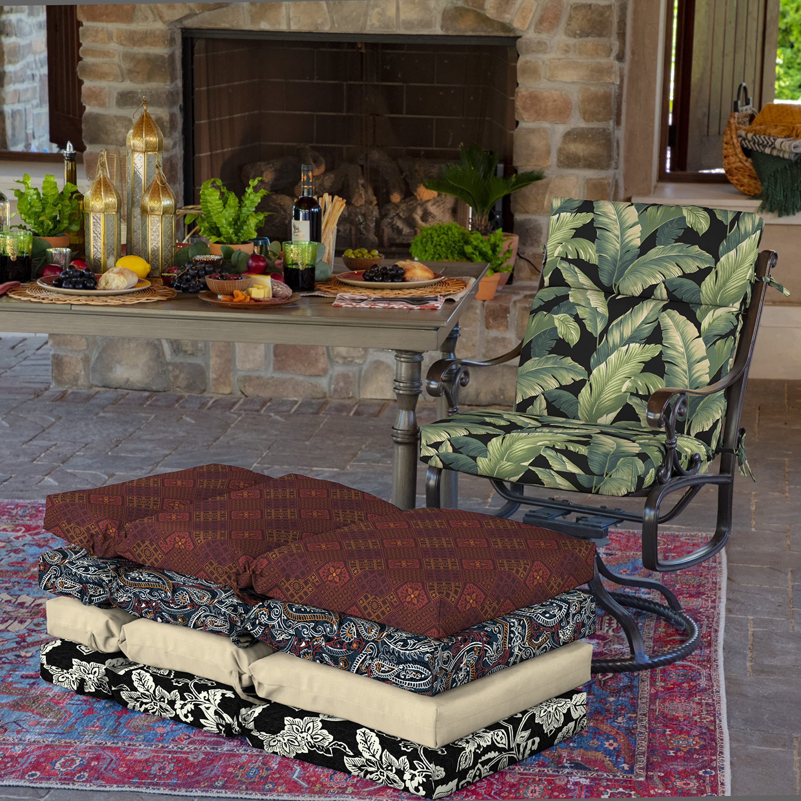 Arden Selections cushions on outdoor dining chairs in patio scene, enhances outdoor comfort