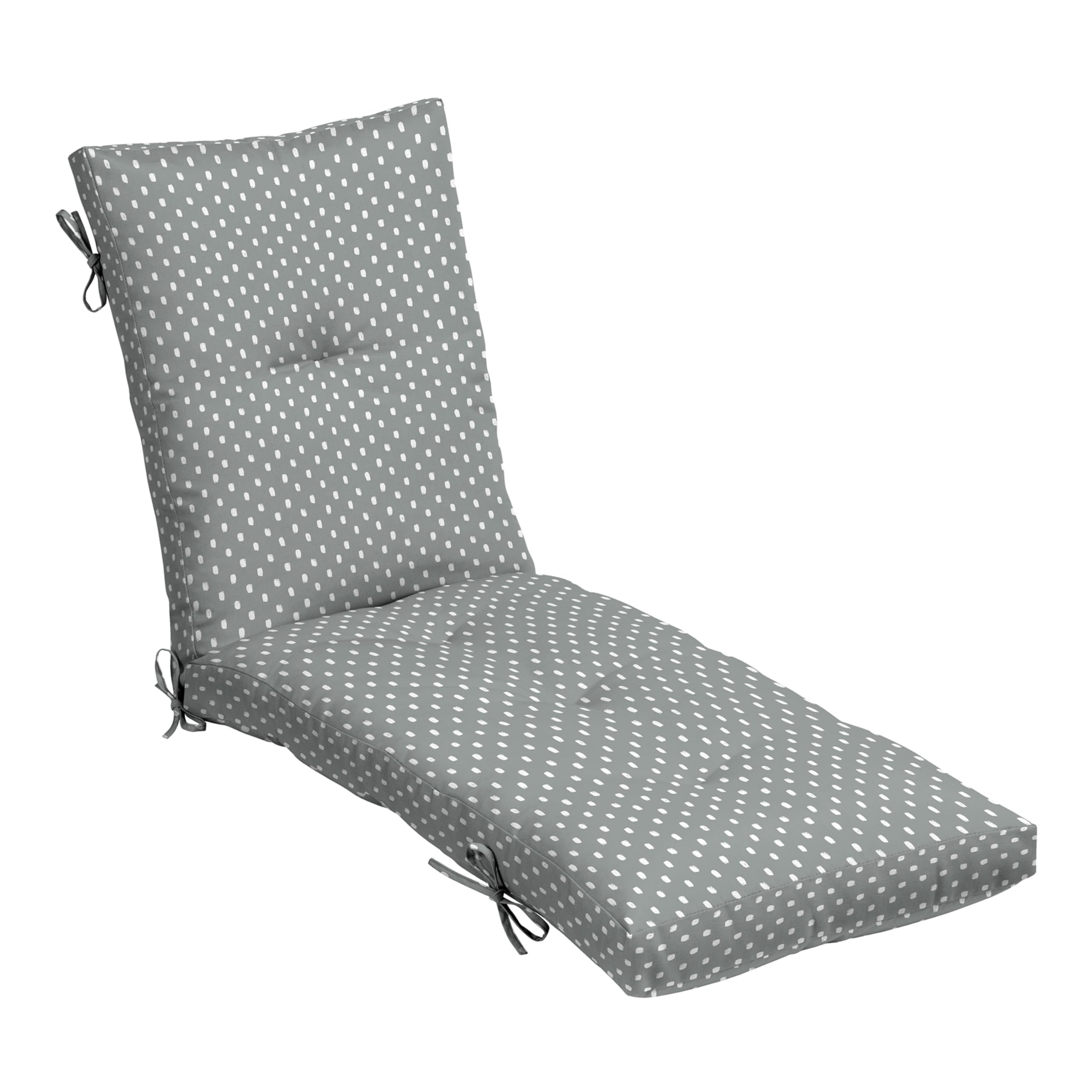 Arden Selections front view of chaise cushion showing Stone Grey Dot and tailored fit benefit