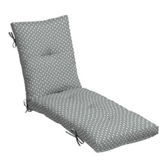 Arden Selections front view of chaise cushion showing Stone Grey Dot and tailored fit benefit