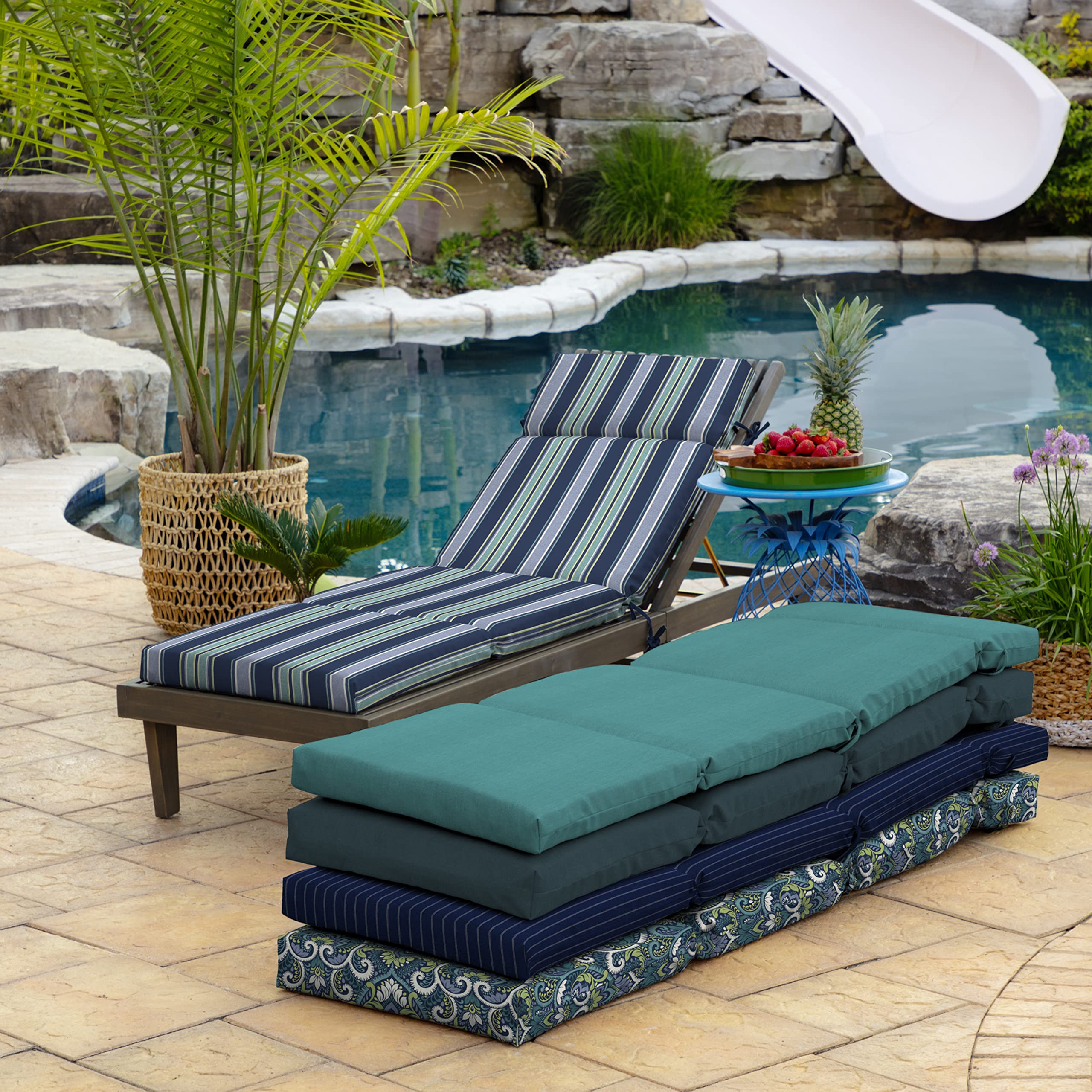 Arden Selections chaise cushion used poolside showing relaxed outdoor lounging benefit