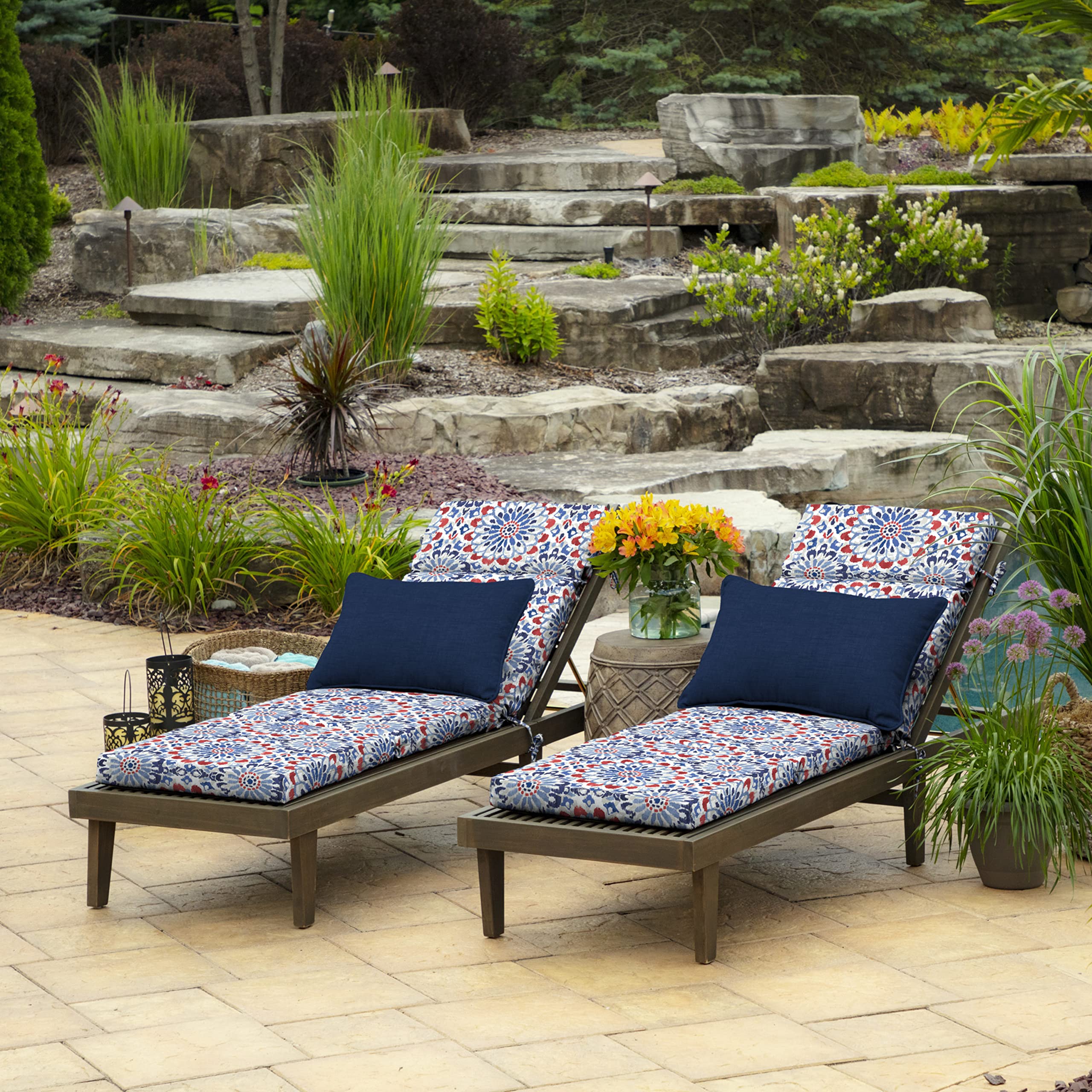 Arden Selections folded cushion showing scale next to chair, demonstrates easy storage portability