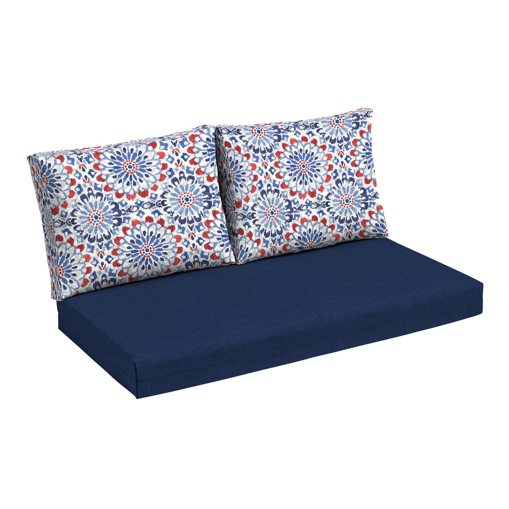 Arden Selections front view of Clark Blue loveseat cushions showing neat fit and color