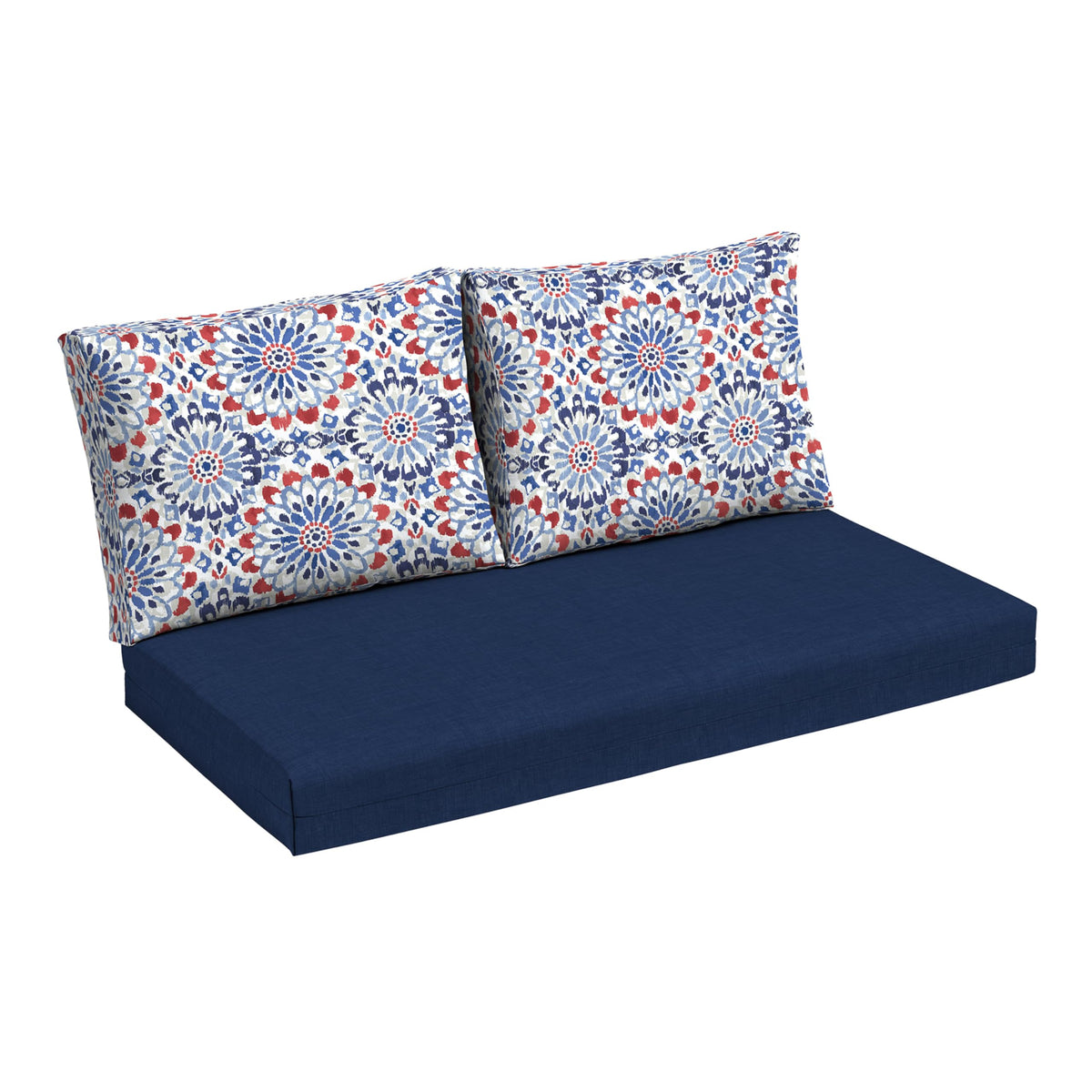 Arden Selections front view of Clark Blue loveseat cushions showing neat fit and color