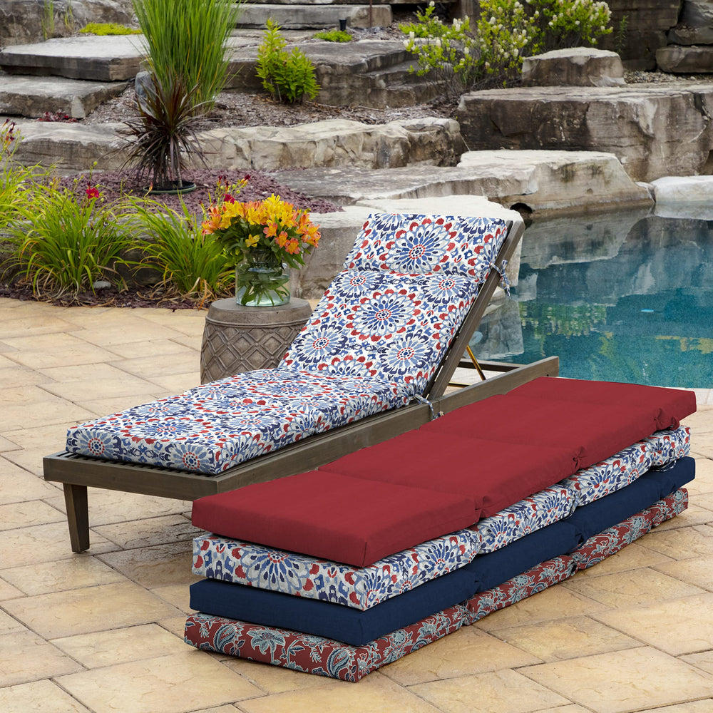 Arden Selections detail of cushion ties secured to chaise frame, keeps cushion firmly in place